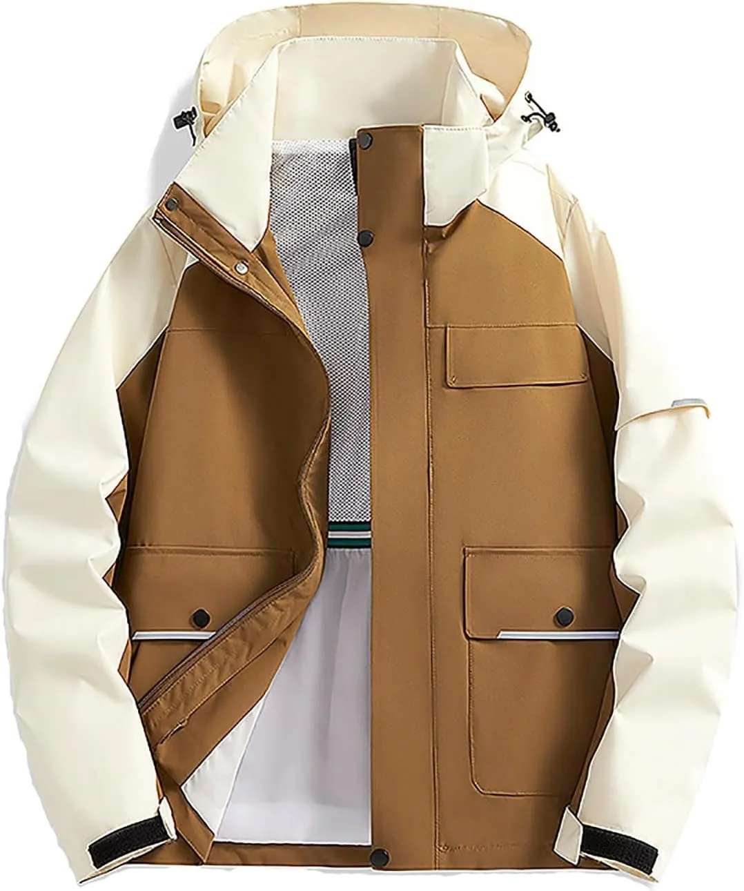 Mens Casual Rain Jacket Fashion Color Block Preppy Windbreaker Hooded Jacket Coats Outdoor Hiking Travel Raincoat