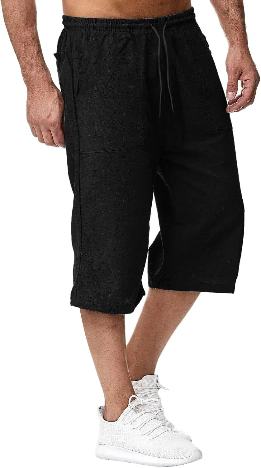 Men's Cotton Linen Capri Pants Drawstring 3/4 Long Shorts for Men Lightweight Elastic Waist Casual Yoga Pant