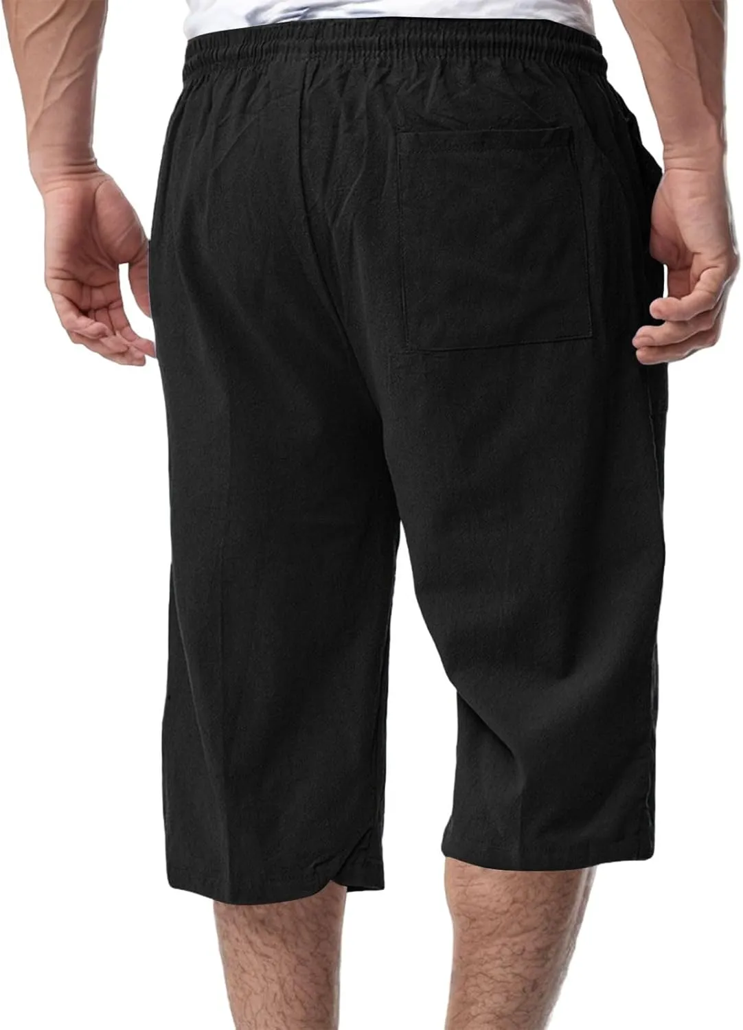 Men's Cotton Linen Capri Pants Drawstring 3/4 Long Shorts for Men Lightweight Elastic Waist Casual Yoga Pant