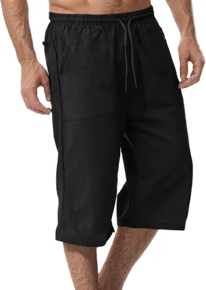Men's Cotton Linen Capri Pants Drawstring 3/4 Long Shorts for Men Lightweight Elastic Waist Casual Yoga Pant