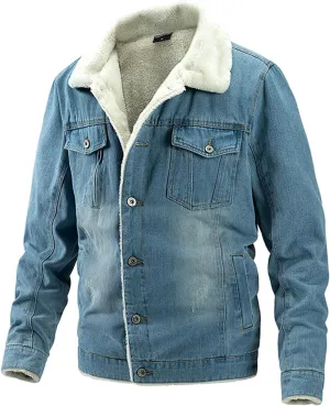Men's Cowboy Coat Fleece Denim Jacket Trucker Sherpa Lined Fall Winter Jackets