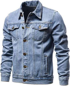 Mens Denim Jacket Washed Flex Stretch Slim Fit Jean Jackets Classic Lapel Button down Long Sleeve Trucker Jacket Coat