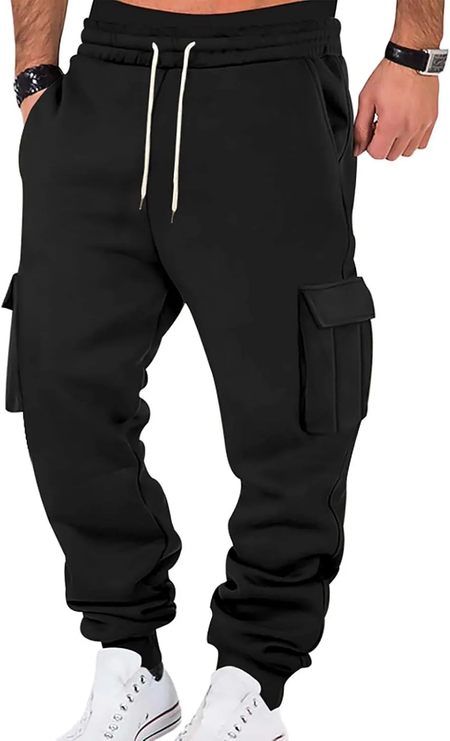Men's Hiking Cargo Pants Active Elastic Waist Pants with Multi-Pocket Fit Drawstring Casual Trousers