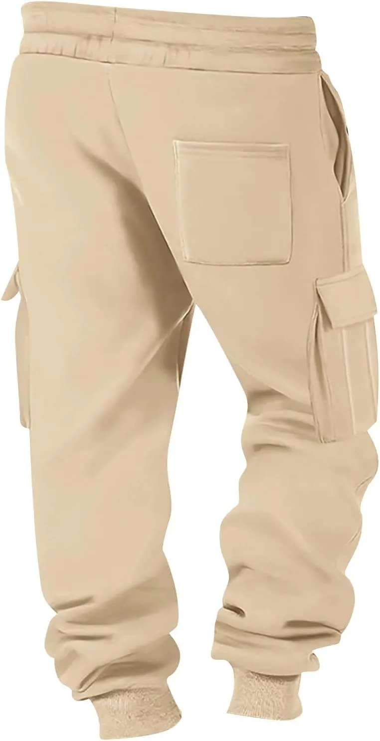 Men's Hiking Cargo Pants Active Elastic Waist Pants with Multi-Pocket Fit Drawstring Casual Trousers