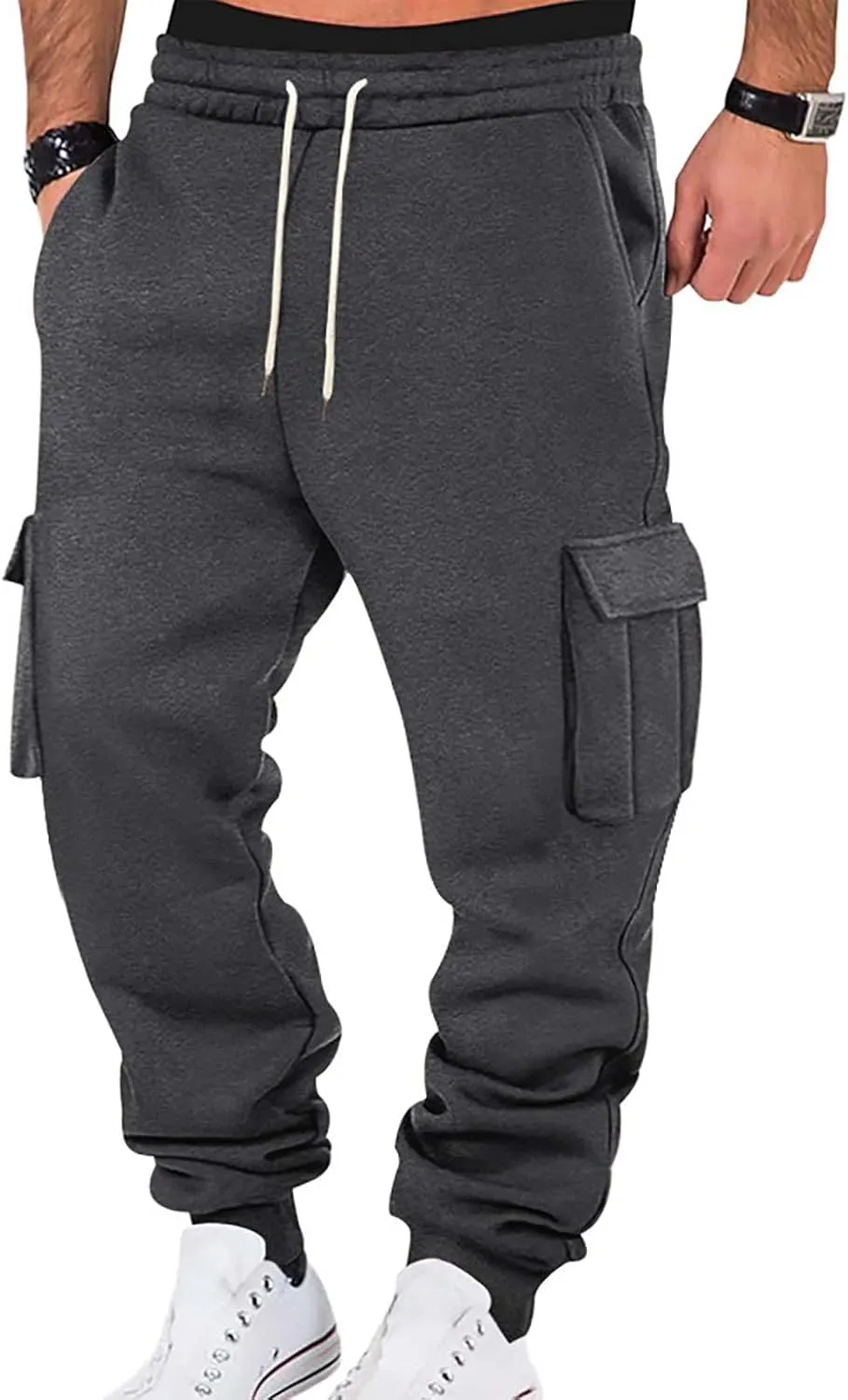 Men's Hiking Cargo Pants Active Elastic Waist Pants with Multi-Pocket Fit Drawstring Casual Trousers