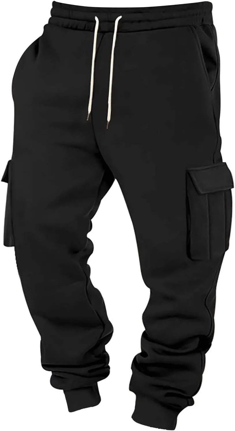 Men's Hiking Cargo Pants Active Elastic Waist Pants with Multi-Pocket Fit Drawstring Casual Trousers