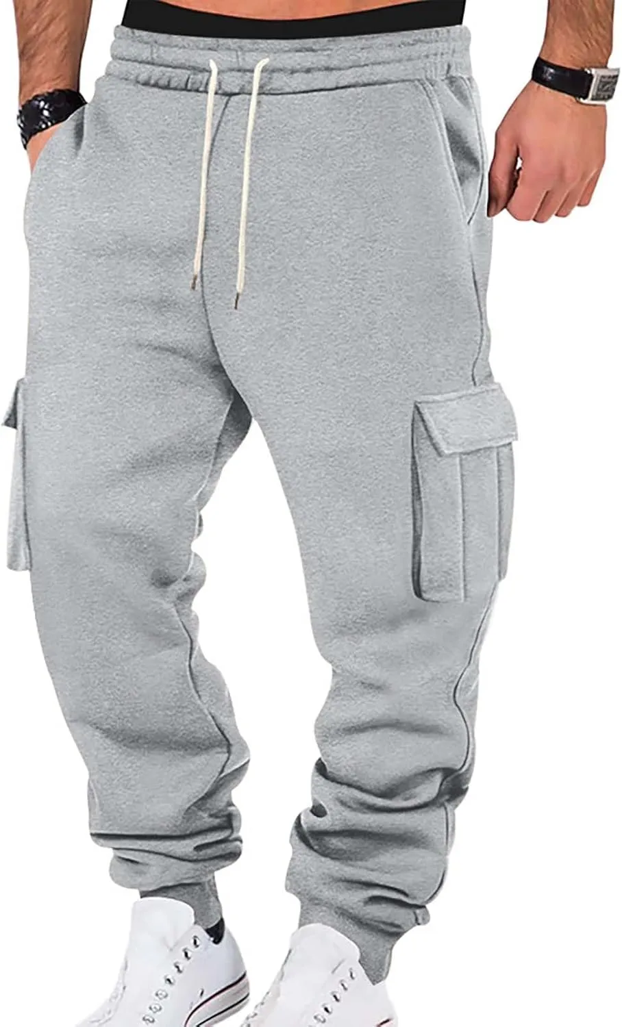 Men's Hiking Cargo Pants Active Elastic Waist Pants with Multi-Pocket Fit Drawstring Casual Trousers