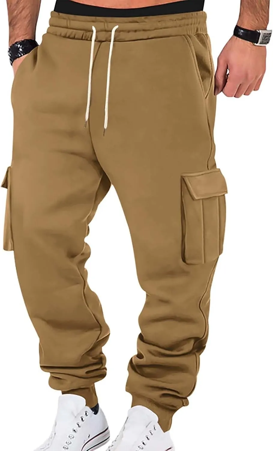 Men's Hiking Cargo Pants Active Elastic Waist Pants with Multi-Pocket Fit Drawstring Casual Trousers