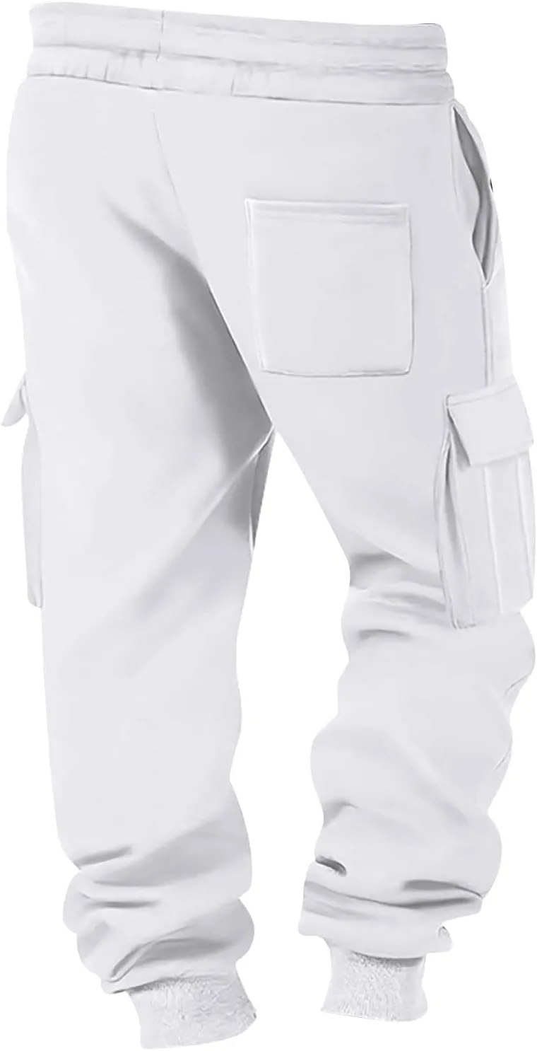 Mens Hiking Cargo Pants Large Elastic Waist Pants with Multi-Pocket Fit Drawstring Wide Trousers
