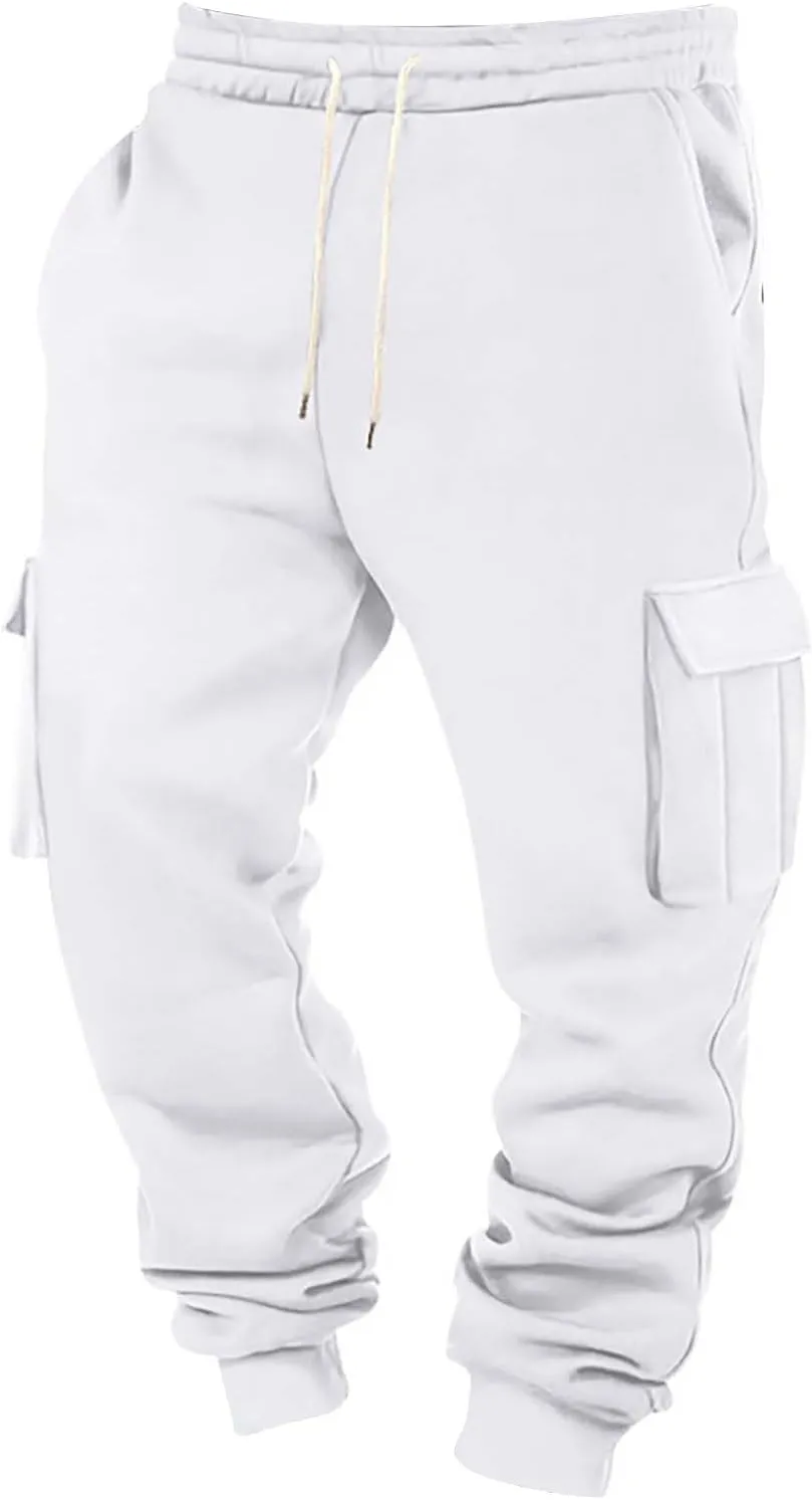 Mens Hiking Cargo Pants Large Elastic Waist Pants with Multi-Pocket Fit Drawstring Wide Trousers