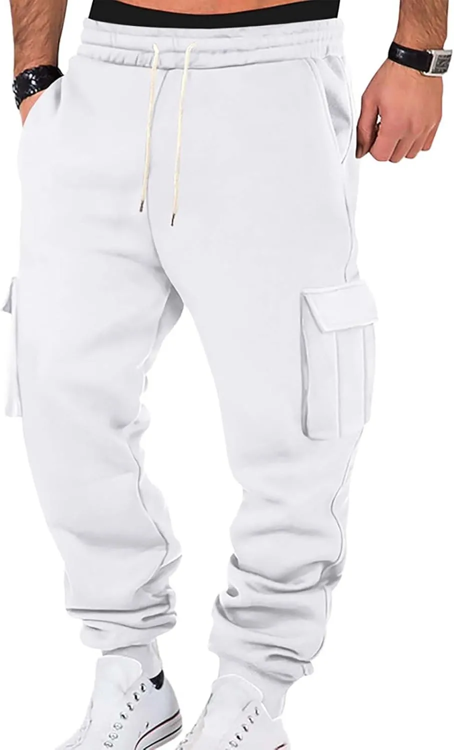 Mens Hiking Cargo Pants Large Elastic Waist Pants with Multi-Pocket Fit Drawstring Wide Trousers