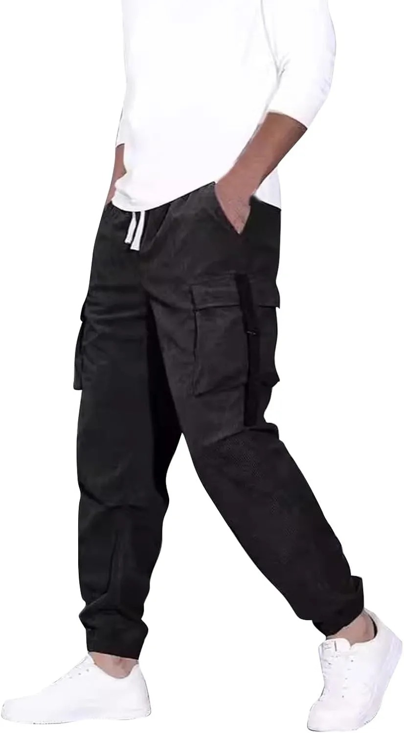 Mens Outdoor Cargo Pants Big and Tall Elastic Waist Pants with Multi-Pocket Slim Drawstring Large Trousers