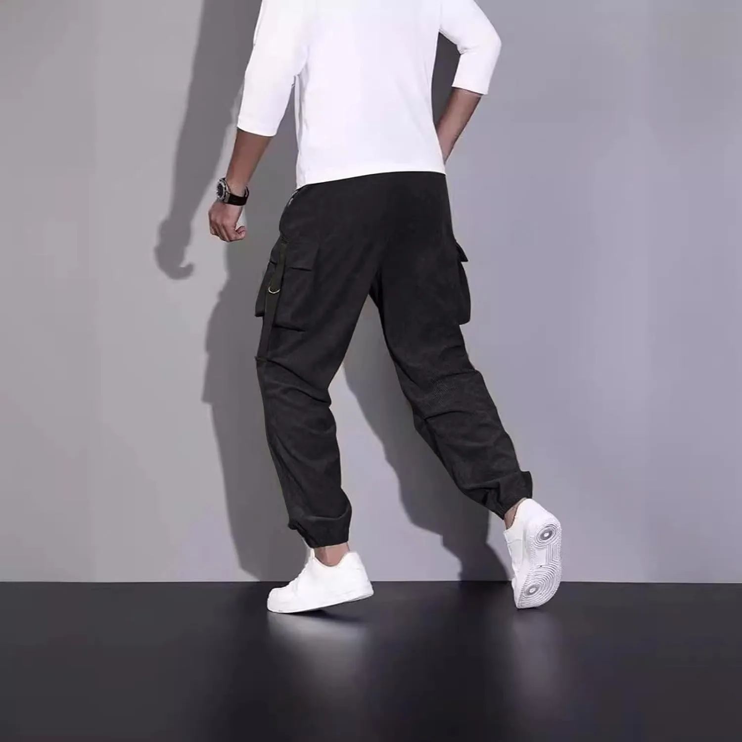 Mens Outdoor Cargo Pants Big and Tall Elastic Waist Pants with Multi-Pocket Slim Drawstring Large Trousers