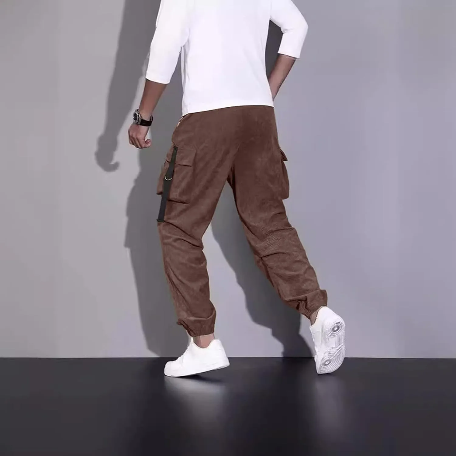 Mens Outdoor Cargo Pants Big and Tall Elastic Waist Pants with Multi-Pocket Slim Drawstring Large Trousers