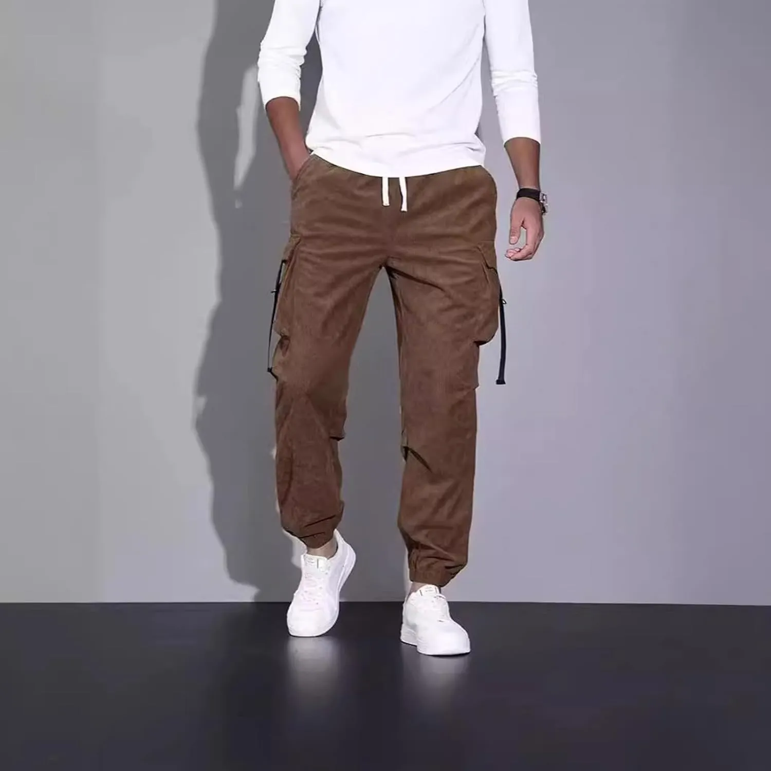 Mens Outdoor Cargo Pants Big and Tall Elastic Waist Pants with Multi-Pocket Slim Drawstring Large Trousers