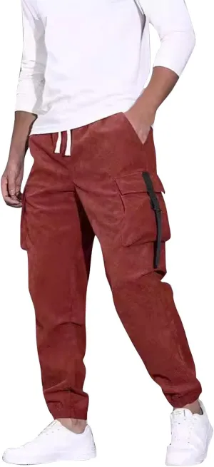 Mens Outdoor Cargo Pants Big and Tall Elastic Waist Pants with Multi-Pocket Slim Drawstring Large Trousers