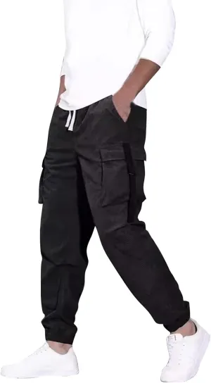 Mens Outdoor Cargo Pants Big and Tall Elastic Waist Pants with Multi-Pocket Slim Drawstring Large Trousers