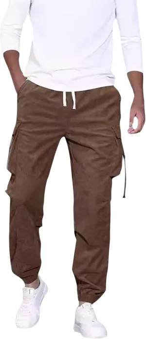 Mens Outdoor Cargo Pants Big and Tall Elastic Waist Pants with Multi-Pocket Slim Drawstring Large Trousers