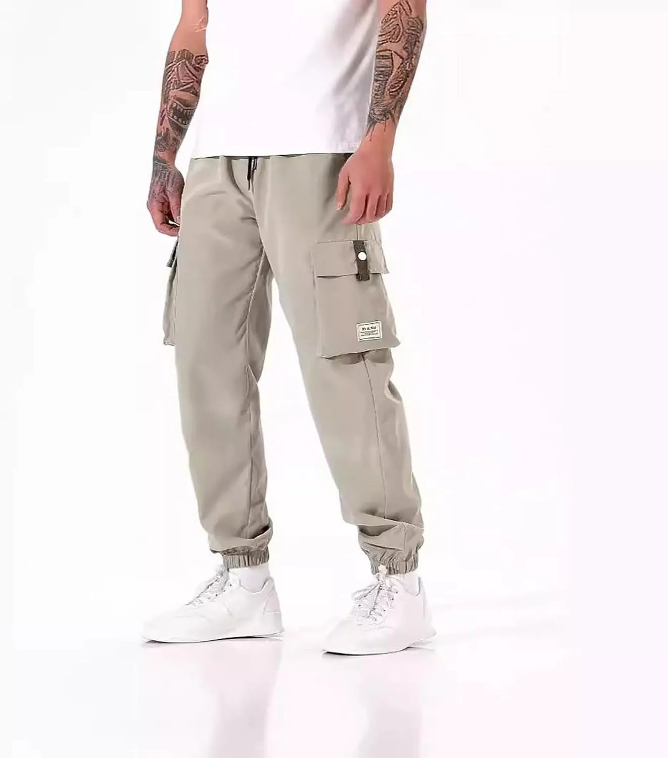 Men's Outdoor Cargo Pants Casual Elastic Waist Pants with Multi-Pocket Loose Drawstring Active Trousers