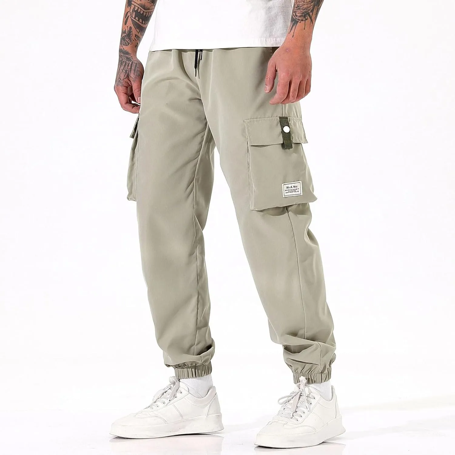 Men's Outdoor Cargo Pants Casual Elastic Waist Pants with Multi-Pocket Loose Drawstring Active Trousers
