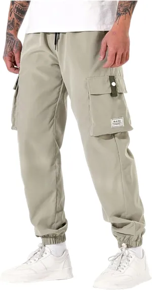 Men's Outdoor Cargo Pants Casual Elastic Waist Pants with Multi-Pocket Loose Drawstring Active Trousers