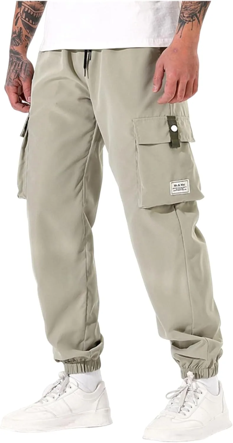 Men's Outdoor Cargo Pants Casual Elastic Waist Pants with Multi-Pocket Loose Drawstring Active Trousers