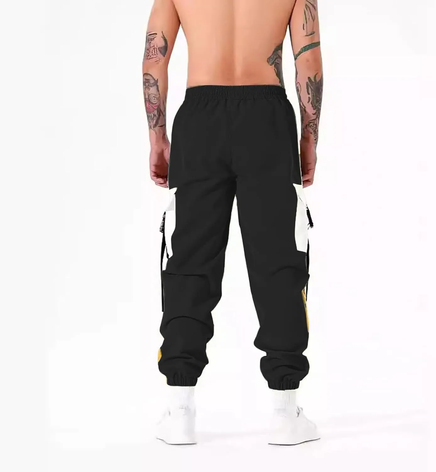 Mens Outdoor Cargo Pants Wide Elastic Waist Pants with Multi-Pocket Relaxed Drawstring Casual Trousers