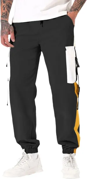 Mens Outdoor Cargo Pants Wide Elastic Waist Pants with Multi-Pocket Relaxed Drawstring Casual Trousers