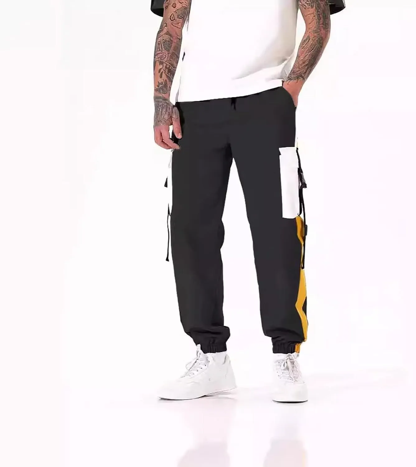 Mens Outdoor Cargo Pants Wide Elastic Waist Pants with Multi-Pocket Relaxed Drawstring Casual Trousers