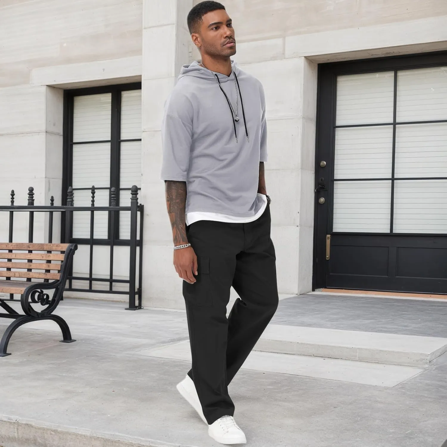 Mens Short Sleeve Hoodie Soft Cotton Color Block Moisture Wicking Patchwork Unisex Hip Hop T-Shirt Hoodie