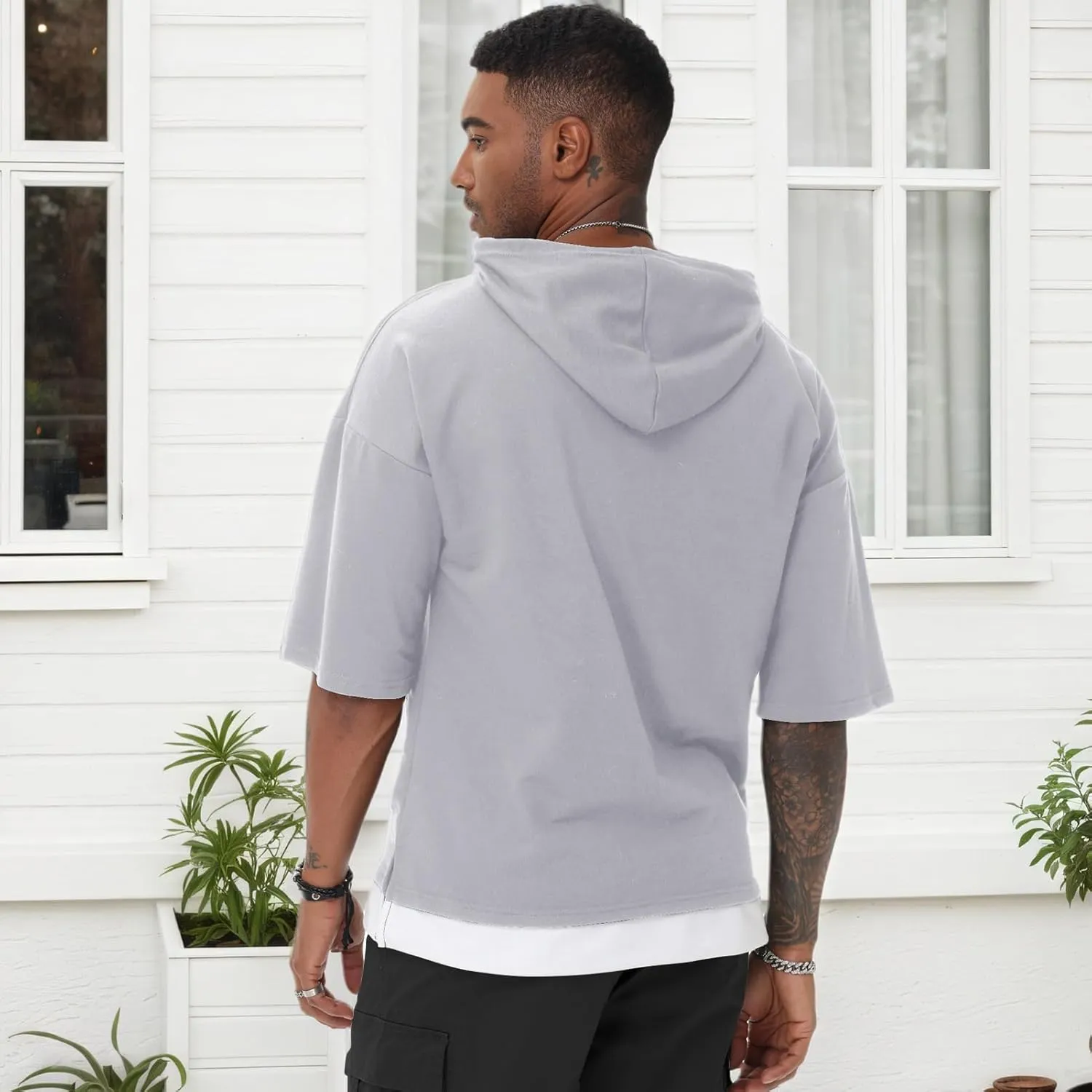 Mens Short Sleeve Hoodie Soft Cotton Color Block Moisture Wicking Patchwork Unisex Hip Hop T-Shirt Hoodie