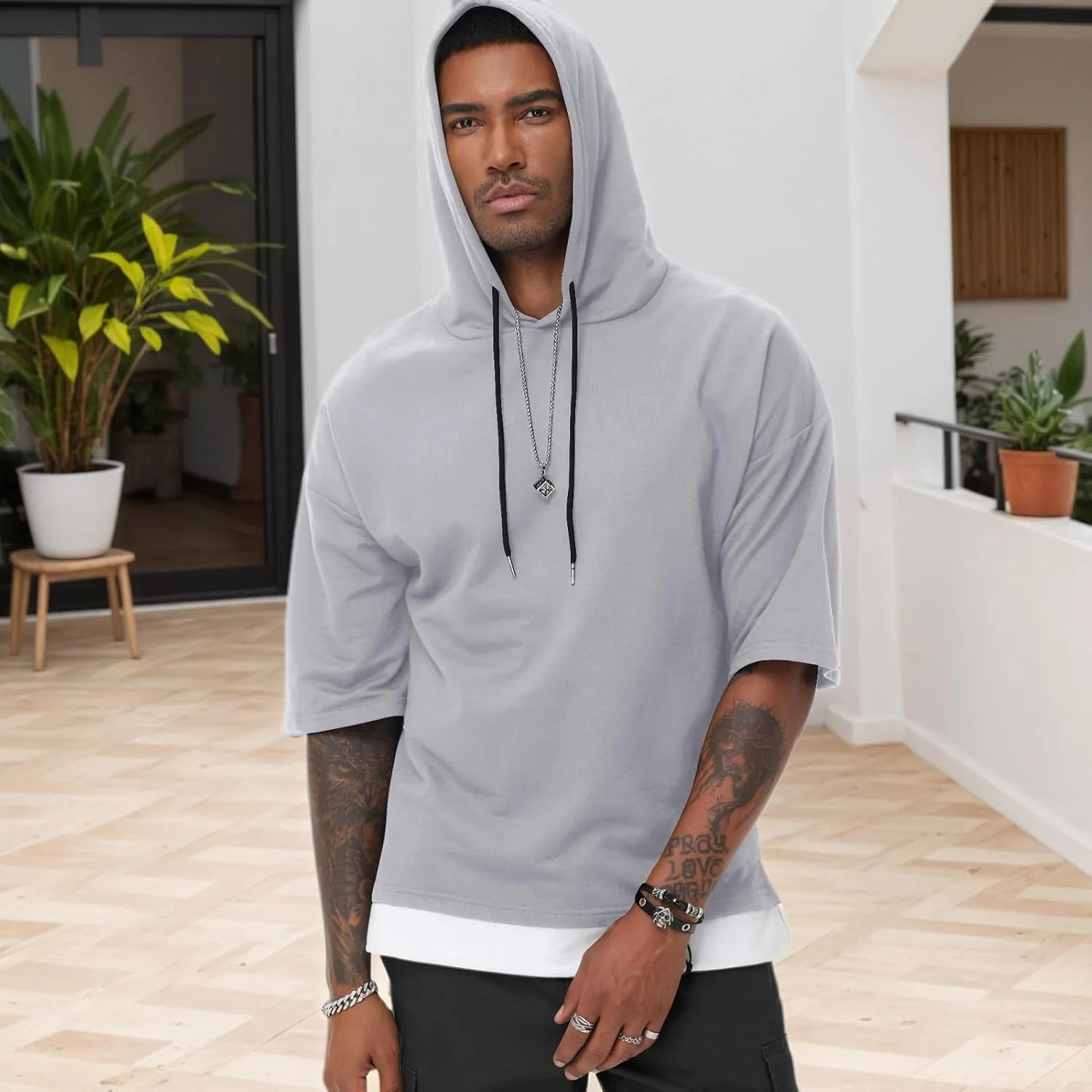 Mens Short Sleeve Hoodie Soft Cotton Color Block Moisture Wicking Patchwork Unisex Hip Hop T-Shirt Hoodie