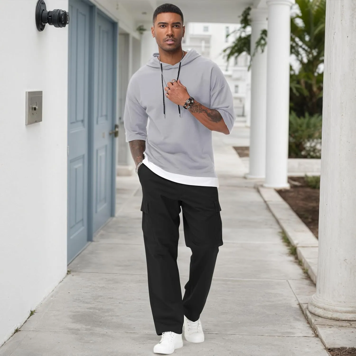 Mens Short Sleeve Hoodie Soft Cotton Color Block Moisture Wicking Patchwork Unisex Hip Hop T-Shirt Hoodie