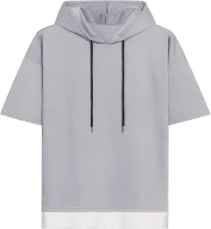 Mens Short Sleeve Hoodie Soft Cotton Color Block Moisture Wicking Patchwork Unisex Hip Hop T-Shirt Hoodie