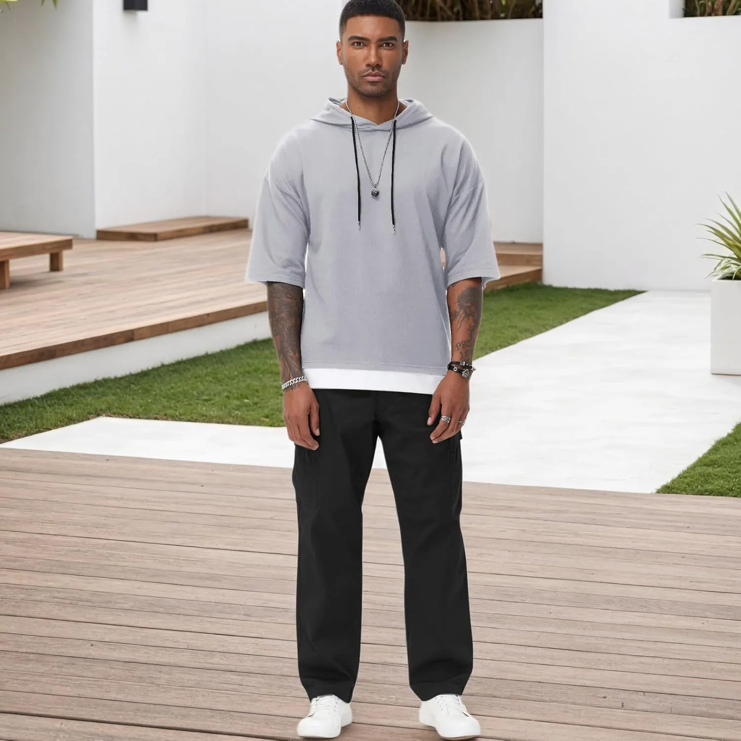 Mens Short Sleeve Hoodie Soft Cotton Color Block Moisture Wicking Patchwork Unisex Hip Hop T-Shirt Hoodie