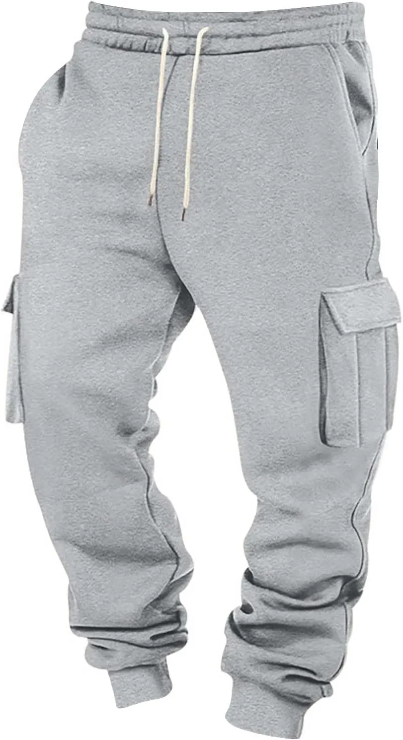 Men's Sports Cargo Pants Big and Tall Elastic Waist Pants with Multi-Pocket Baggy Drawstring Active Trousers