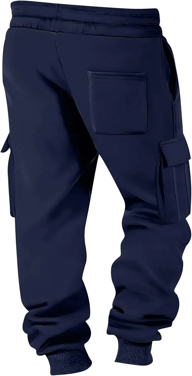 Men's Sports Cargo Pants Big and Tall Elastic Waist Pants with Multi-Pocket Baggy Drawstring Active Trousers
