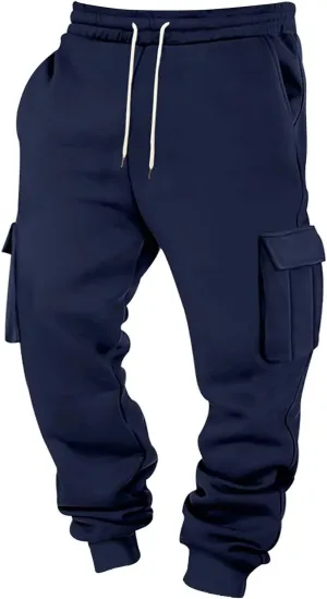 Men's Sports Cargo Pants Big and Tall Elastic Waist Pants with Multi-Pocket Baggy Drawstring Active Trousers
