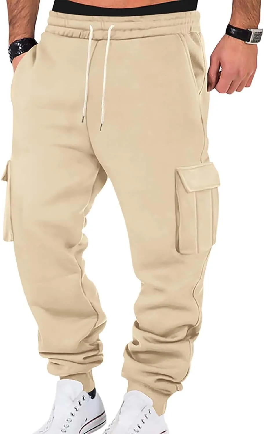 Men's Sports Cargo Pants Big and Tall Elastic Waist Pants with Multi-Pocket Baggy Drawstring Active Trousers