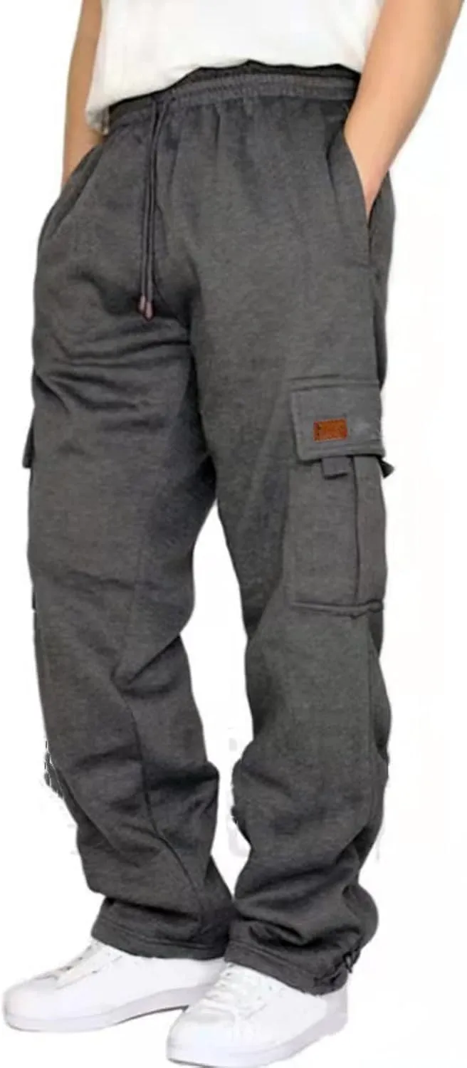 Men's Travel Cargo Pants Big and Tall Elastic Waist Pants with Multi-Pocket Loose Drawstring Lightweight Trousers
