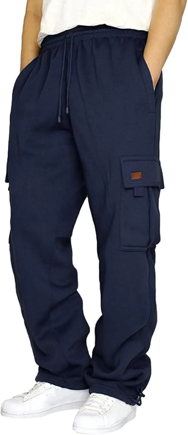 Men's Travel Cargo Pants Big and Tall Elastic Waist Pants with Multi-Pocket Loose Drawstring Lightweight Trousers