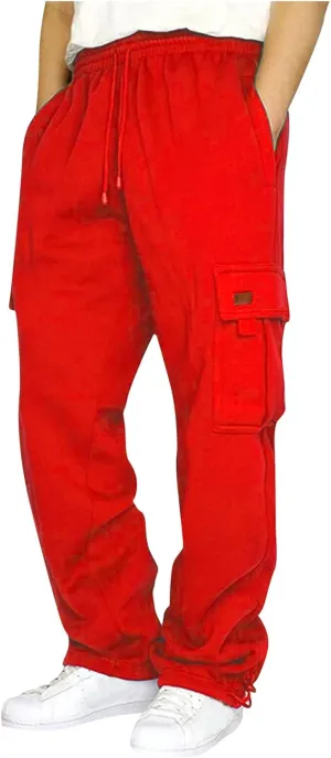 Men's Travel Cargo Pants Big and Tall Elastic Waist Pants with Multi-Pocket Loose Drawstring Lightweight Trousers