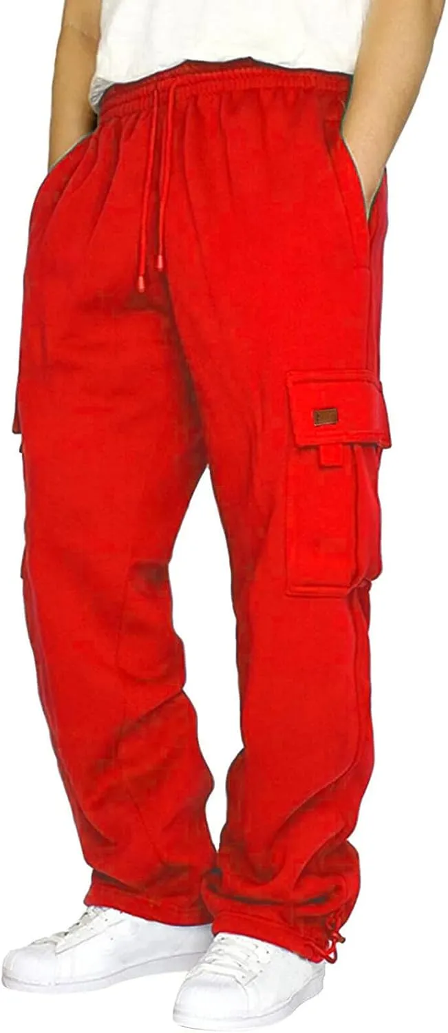 Men's Travel Cargo Pants Big and Tall Elastic Waist Pants with Multi-Pocket Loose Drawstring Lightweight Trousers