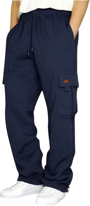 Men's Travel Cargo Pants Big and Tall Elastic Waist Pants with Multi-Pocket Loose Drawstring Lightweight Trousers