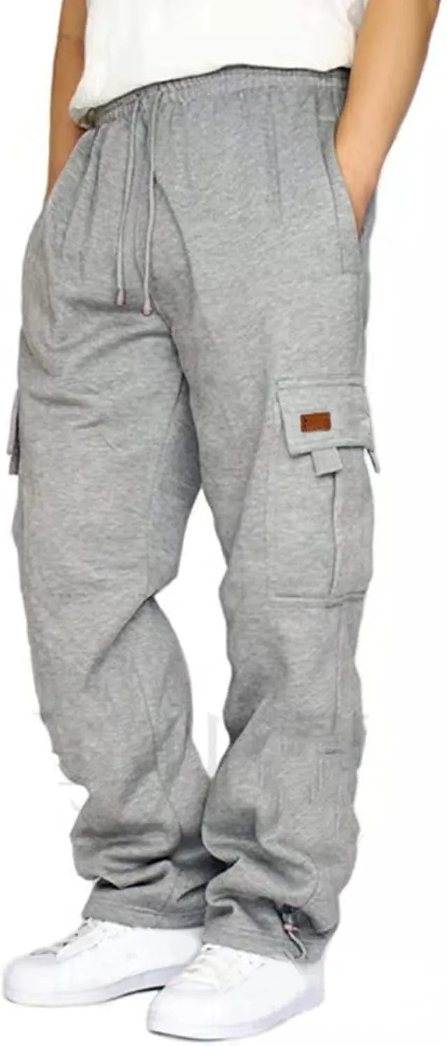 Men's Travel Cargo Pants Big and Tall Elastic Waist Pants with Multi-Pocket Loose Drawstring Lightweight Trousers