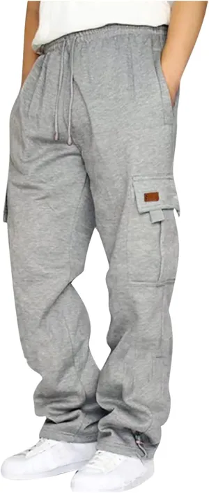 Men's Travel Cargo Pants Big and Tall Elastic Waist Pants with Multi-Pocket Loose Drawstring Lightweight Trousers