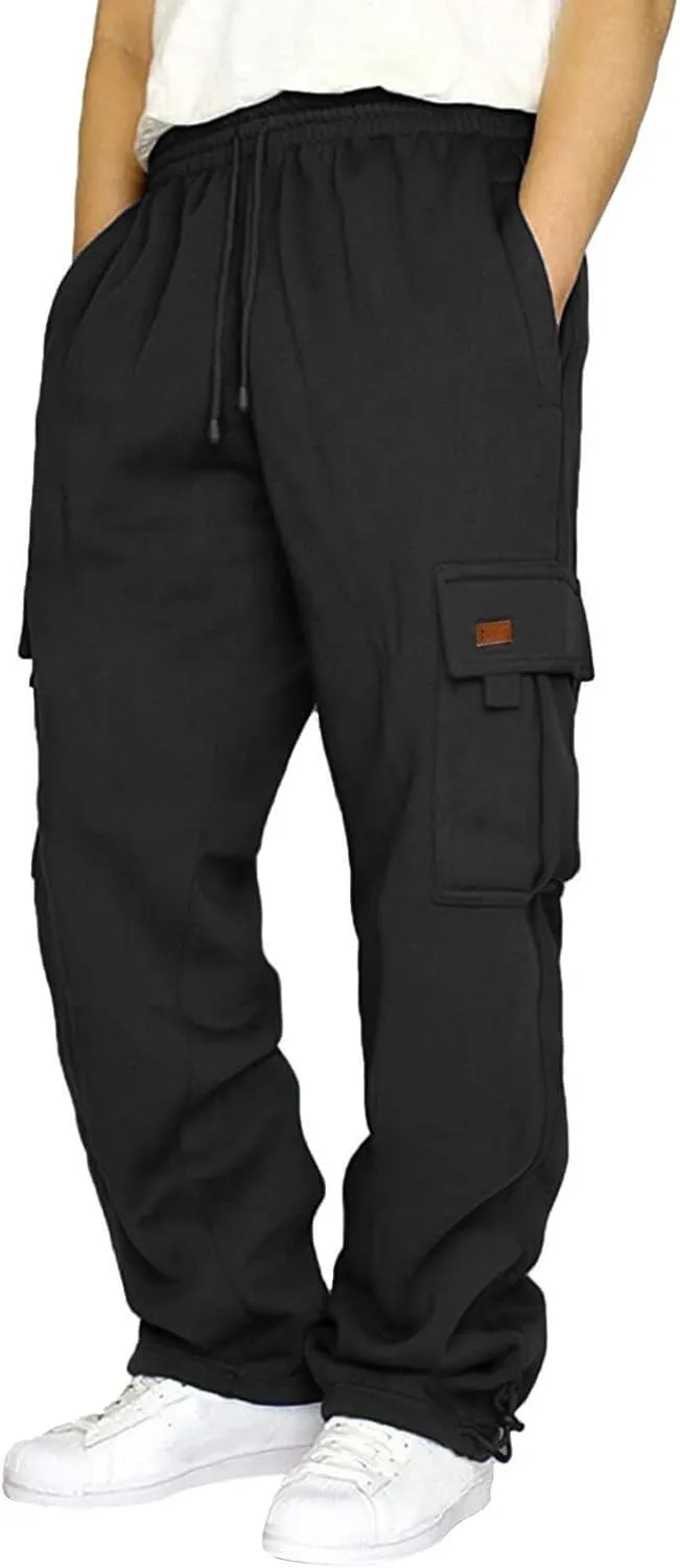 Men's Travel Cargo Pants Big and Tall Elastic Waist Pants with Multi-Pocket Loose Drawstring Lightweight Trousers