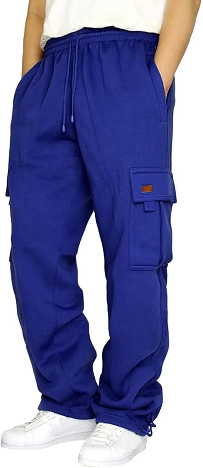 Mens Travel Cargo Pants Wide Elastic Waist Pants with Multi-Pocket Baggy Drawstring Lightweight Trousers
