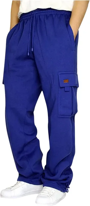 Mens Travel Cargo Pants Wide Elastic Waist Pants with Multi-Pocket Baggy Drawstring Lightweight Trousers