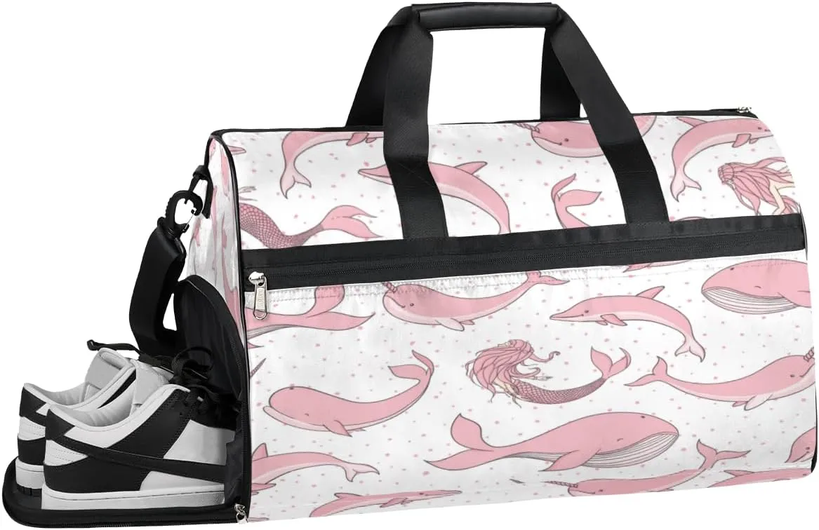 Mermaid Dolphin Sports Gym Bag with Wet Pocket & Shoes Compartment Waterproof Workout Duffel Bag for Women and Men Weekender Overnight Duffle Bag Travel Carry-on Tote